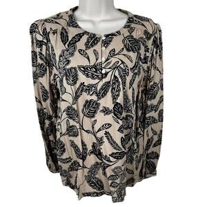 Ann Taylor Floral Blouse Top Long Sleeve Buttons Tan Black Med Classic Peasant